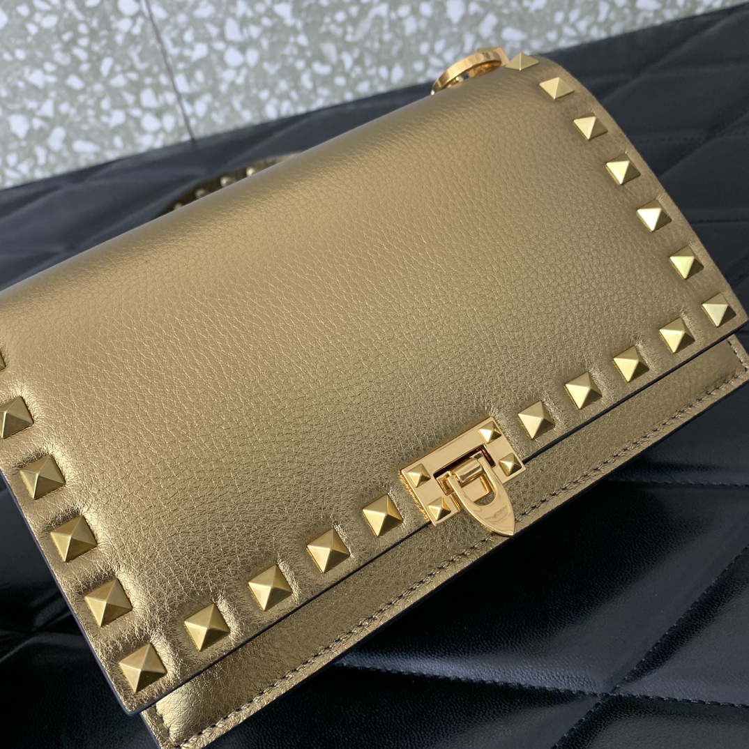 Valentino Garavani Rockstud Small Shoulder Bag in Gold Grainy Calfskin